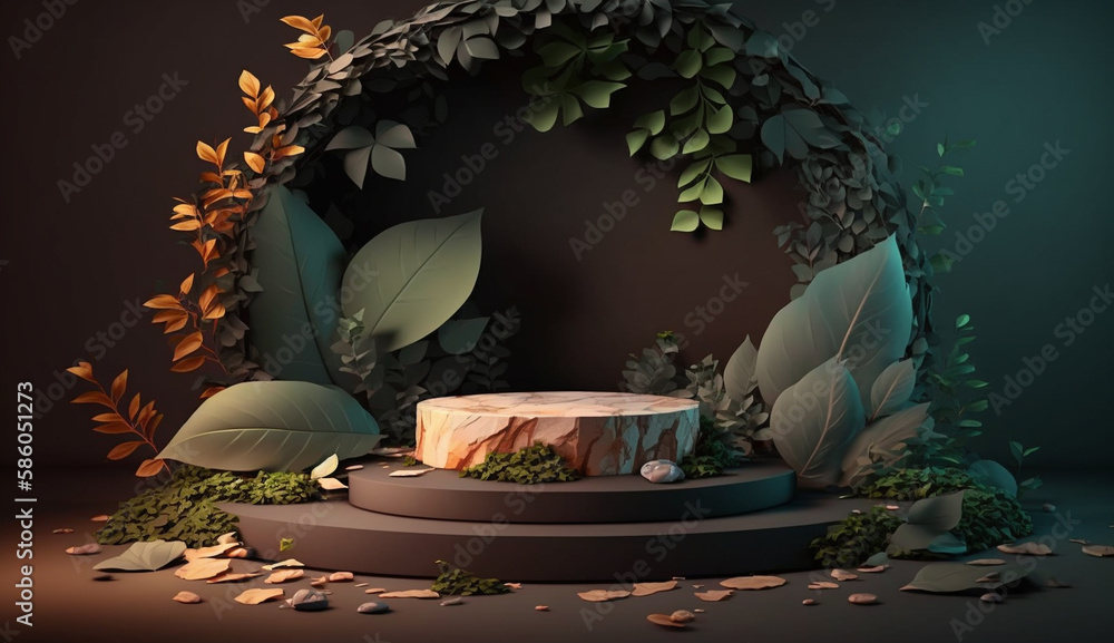 Poster marble floor with leaves in dark colors background mockup for product placement with generative ai