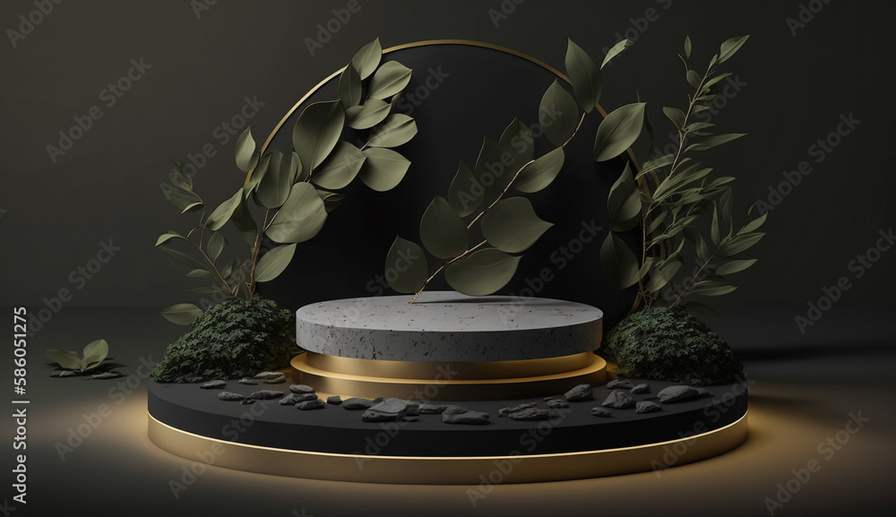 Poster marble floor with leaves in dark colors background mockup for product placement with generative ai