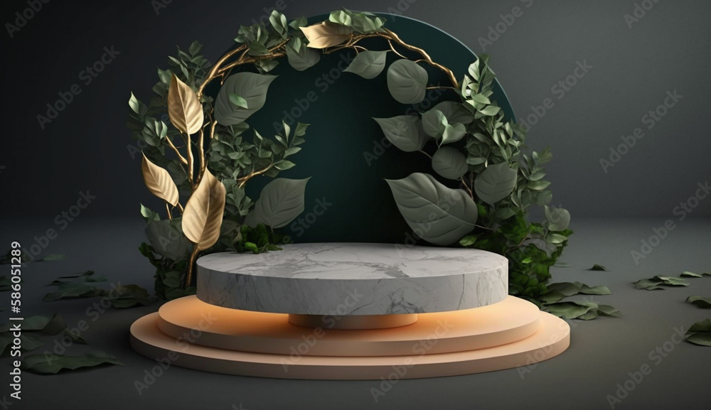Poster marble floor with leaves in dark colors background mockup for product placement with generative ai