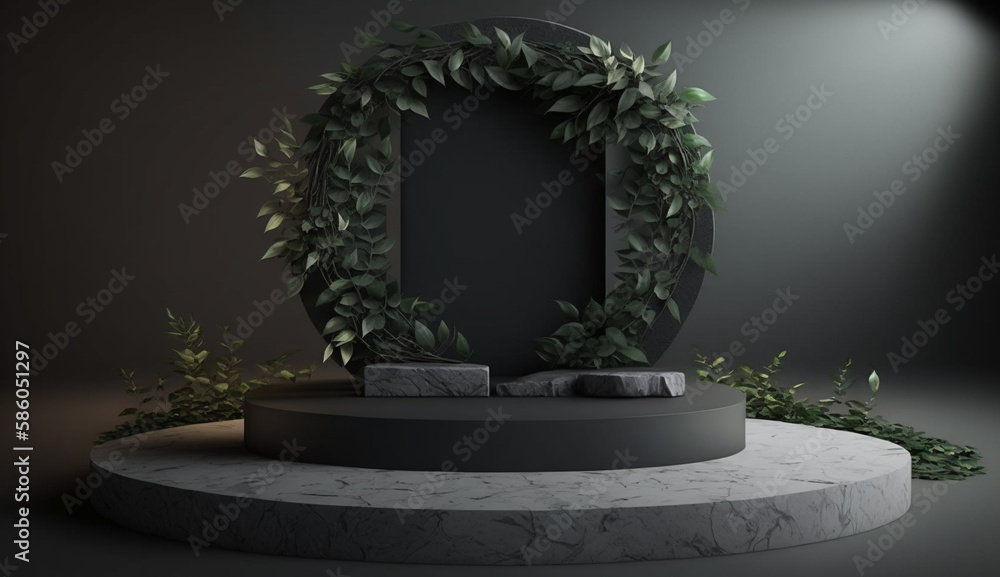 Poster marble floor with leaves in dark colors background mockup for product placement with generative ai