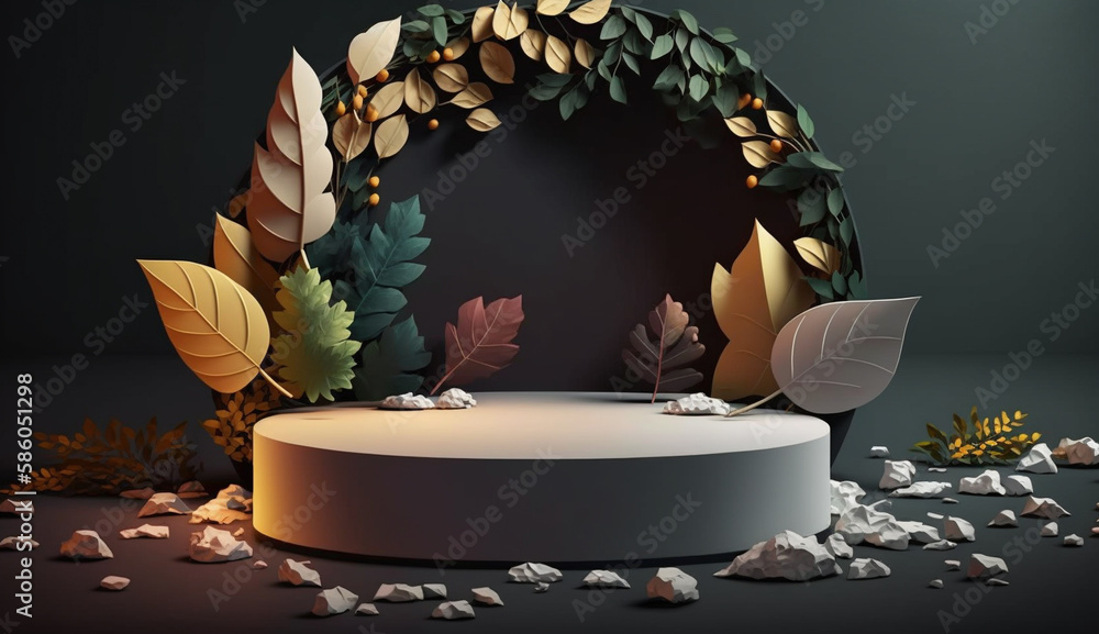 Poster marble floor with leaves in dark colors background mockup for product placement with generative ai