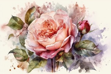 pink rose with green leaves painted on a canvas created with Generative AI technology
