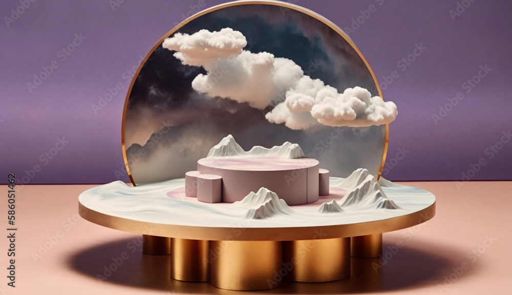 Poster marble floor with clouds background mockup for product placement with generative ai