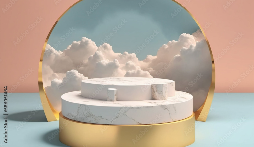 Poster marble floor with clouds background mockup for product placement with generative ai