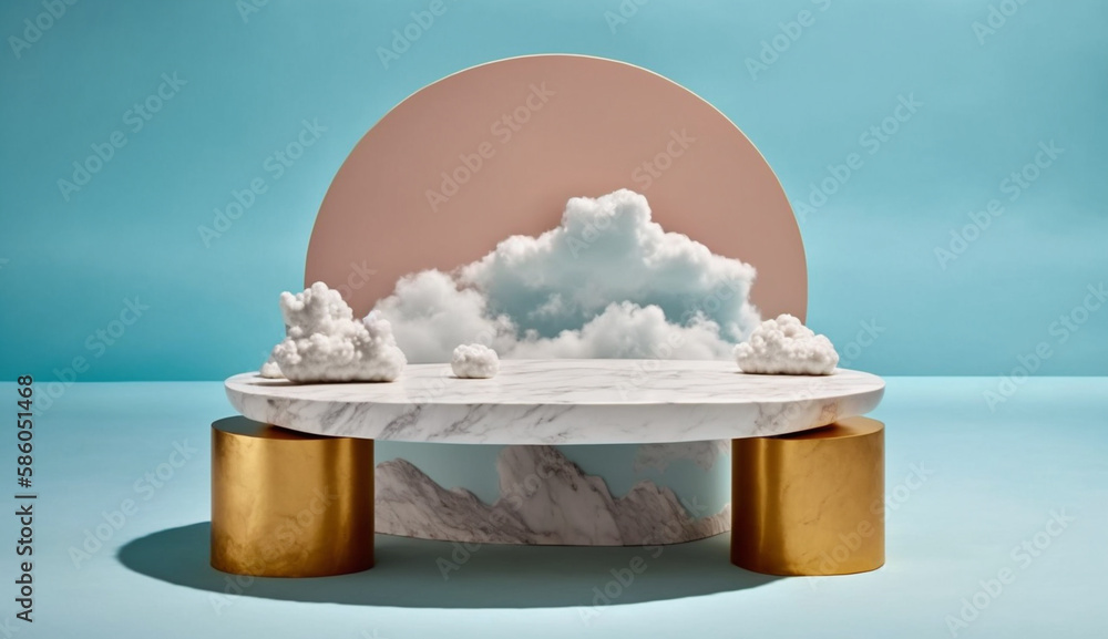 Poster marble floor with clouds background mockup for product placement with generative ai