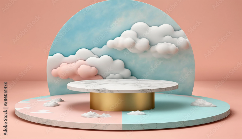 Poster marble floor with clouds background mockup for product placement with generative ai