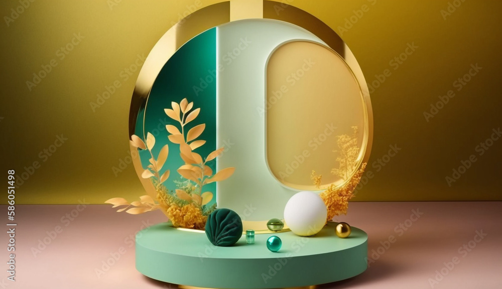Poster podium round shape with gold leaf background mockup for product placement with generative ai