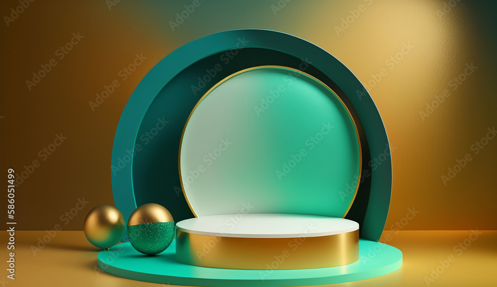 Poster podium round shape with gold color background mockup for product placement with generative ai