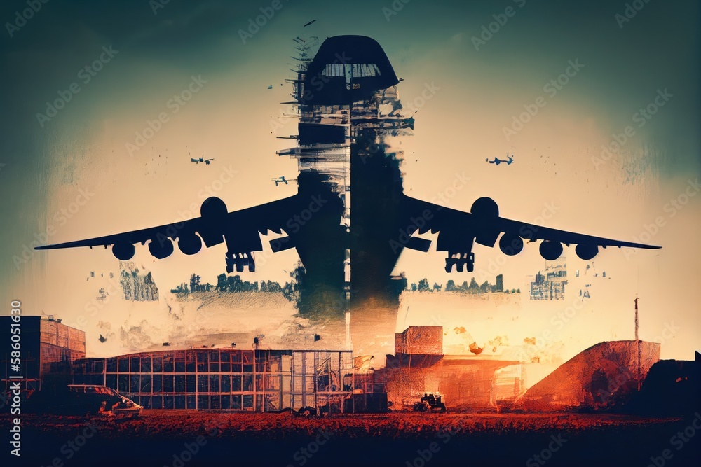 Wall mural aviaton industry double exposure, with planes landing and taking off in the background, created with