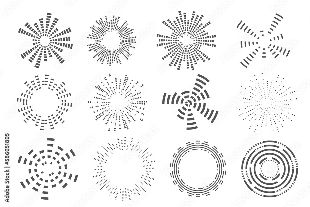 Poster abstract circular equalizer. round audio eq soundwaves. graphic abstract frame. vector set