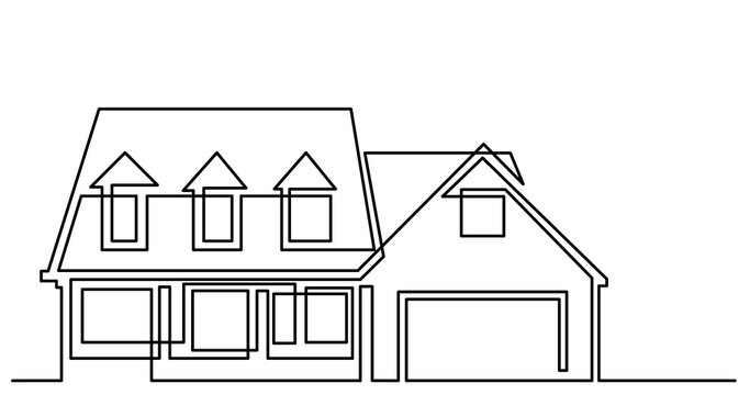 continuous line drawing of big suburban house with big garage as real estate home property concept - PNG image with transparent background