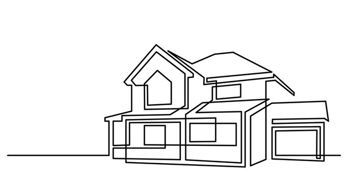 continuous line drawing of suburban house with one car garage as real estate home property concept - PNG image with transparent background