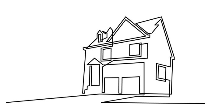 continuous line drawing of big suburban house with two car garage as real estate home property concept - PNG image with transparent background