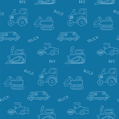  hildish pattern with cute trucks and transport hand drawn icons on blue background.