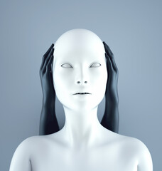 Female mannequin covering ears by palms. Silence or deafness concept.