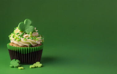 Obraz na płótnie Canvas st patricks day clover cupcake isolated on green background with copy space, made with generative ai