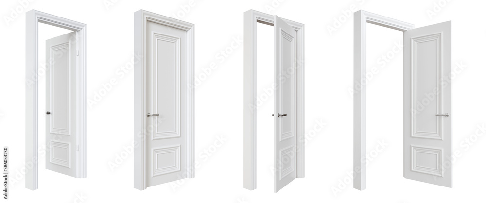 Poster set of white doors in various stages of opening, isolated on transparent background. 3d render. clip