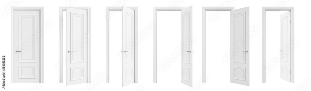 Aufkleber Set of white doors in various stages of opening, isolated on transparent background. 3D render. Clipping path included.