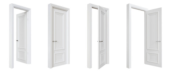 Set of white doors in various stages of opening, isolated on transparent background. 3D render. Clipping path included. - 586053230