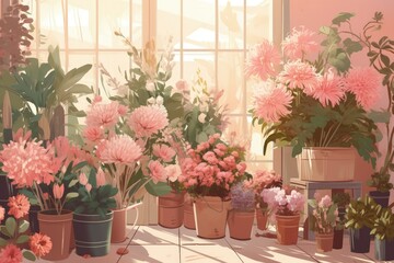 still life painting with colorful potted flowers arranged on a table created with Generative AI technology