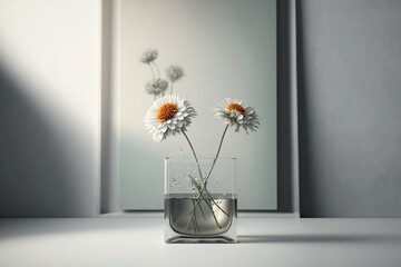 Flowers in a vase with water inside, white table top with a light gray wall in the background with Generative AI technology