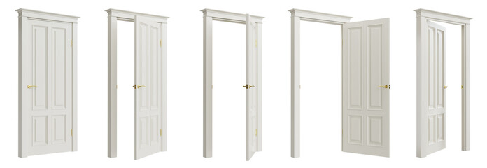 Set of white doors in various stages of opening, isolated on transparent background. 3D render. Clipping path included.
