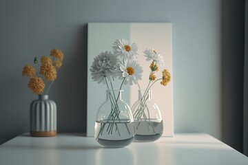 Flowers in a vase with water inside, white table top with a light gray wall in the background with Generative AI technology