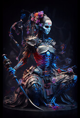 Female porcelain cyborg geisha samurai skeletal Generative AI