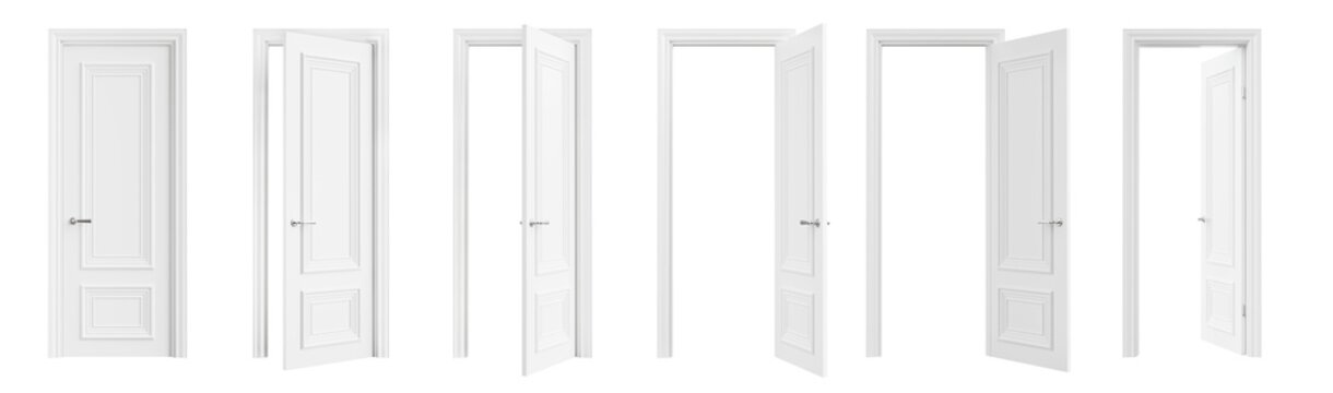 Set of white doors in various stages of opening, isolated on transparent background. 3D render. Clipping path included.