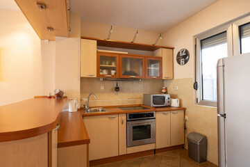 Kitchen interior with appliances and wood elements