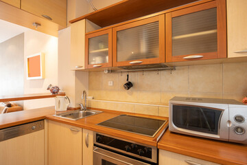 Kitchen interior with appliances and wood elements