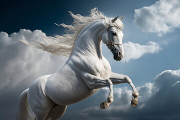 Naklejka na ściany i meble White horse with a long mane is galloping in the sky created with Generative AI technology