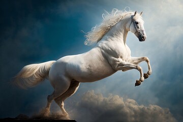 White horse with a long mane is galloping in the sky created with Generative AI technology - obrazy, fototapety, plakaty