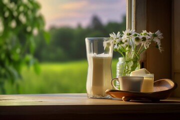 Glass of milk, cup and bouquet of daisies on the windowsill of an open window, on the green meadow background created with Generative AI technology. Milk day