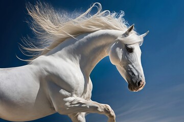 Head of white horse with a long mane on the blue sky background created with Generative AI technology - obrazy, fototapety, plakaty