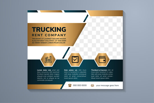 flyer template design with headline is trucking rent company. space of photo collage and text. Advertising banner with horizontal layout. green and gold gradient elements with white background.