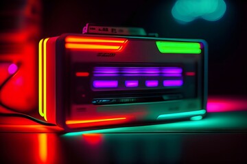 Rendering of Glowing Neon Audio Cassette. Generative AI. 