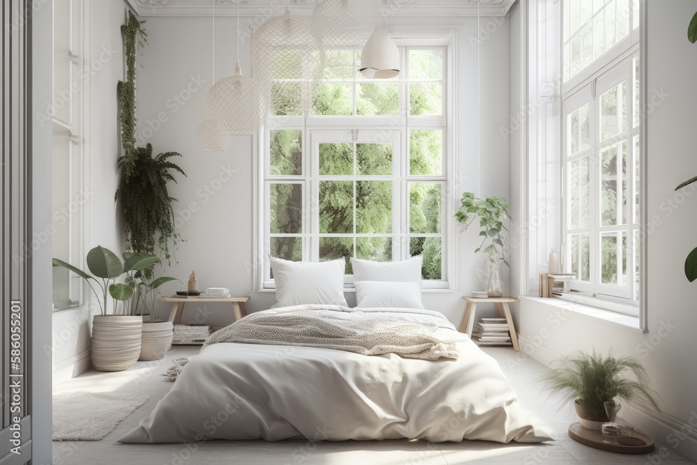 Aufkleber minimalist bedroom with large window and white walls created with generative ai technology