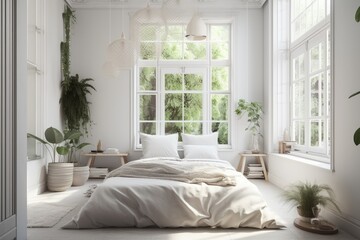 Minimalist Bedroom with Large Window and White Walls created with Generative AI technology