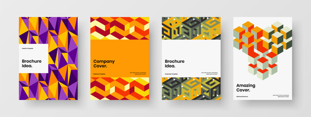 Colorful corporate brochure A4 design vector layout set. Abstract mosaic tiles cover concept composition.