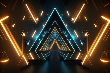 Abstract Triangle tunnel with light Background, neon lights into digital technology, glowing triangle high-tech style, Glowing electric bright neon lines, internet, speed. Generative Ai	