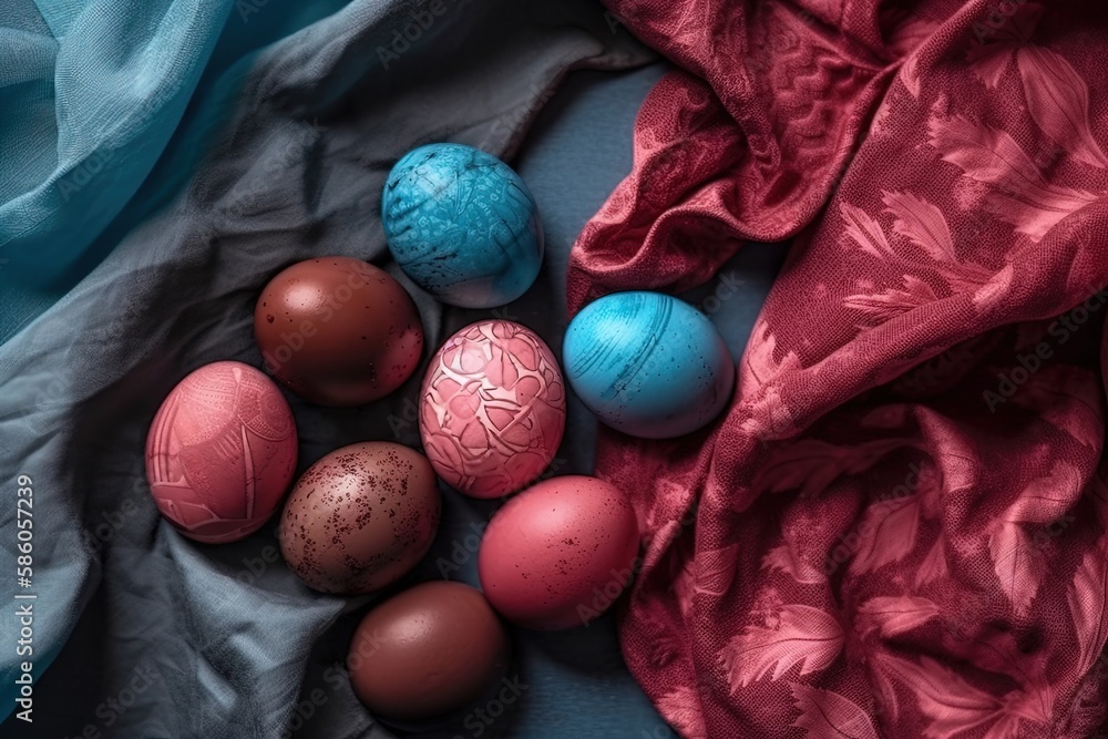 Poster dozen eggs resting on a blue fabric background created with generative ai technology