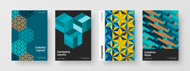 Fototapeta premium Abstract company brochure A4 vector design concept collection. Colorful mosaic hexagons book cover template composition.