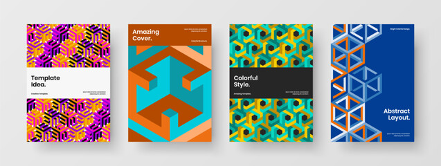 Multicolored geometric pattern magazine cover layout set. Trendy front page vector design concept bundle.