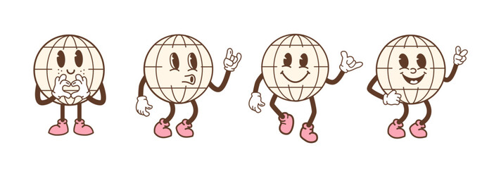 Set of earth characters in trendy retro cartoon style. Funny comic globe with different face expression. Vintage planet mascot with arms and legs. Vector illustration isolated on white background. © millering