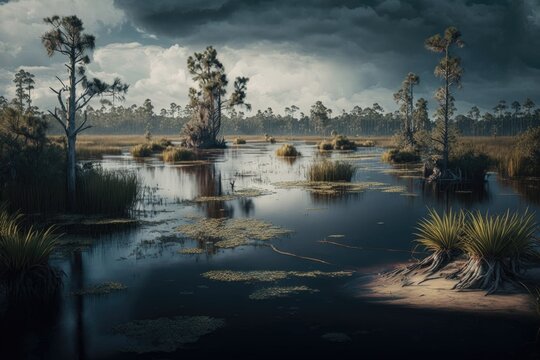 a photograph of swamp cinematic nature photography Generative AI 