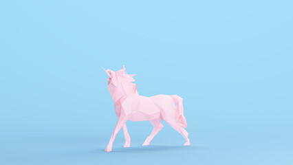 Pink Unicorn Mythical Fairy Tale Magical Fantasy Creature Kitsch Blue Background Left Side 3d illustration render digital rendering