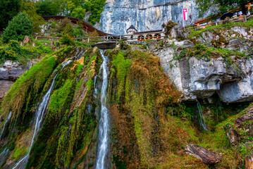 Waterfall flowing from St. Beatus Caves in Switzerland