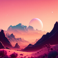 A pink and blue sky with a planet and mountains.