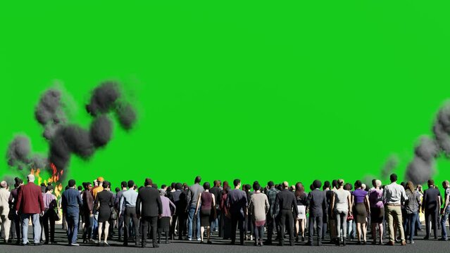 Protest Crowd on the Street with Fire Burning and Smoke,3D Animation People on Green Screen Background Chroma key